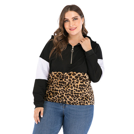 Spliced Plus-Size Plush Leopard Hoodie Women Long Sleeve Thin A Piece Of Hair