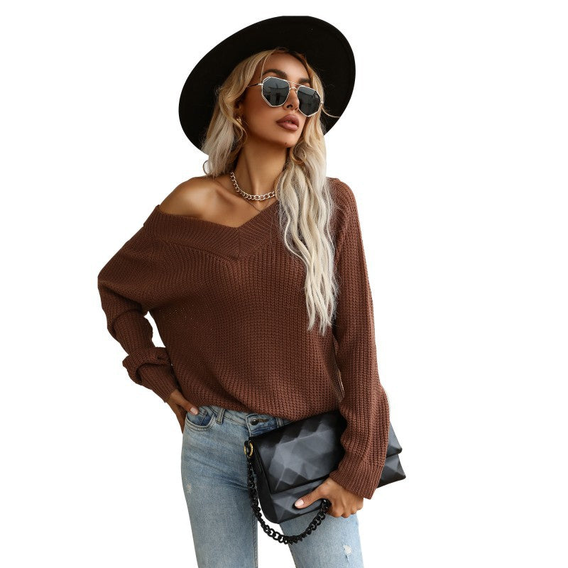 Autumn Fashion Women's Long-Sleeved Solid Color V-Neck Sweater