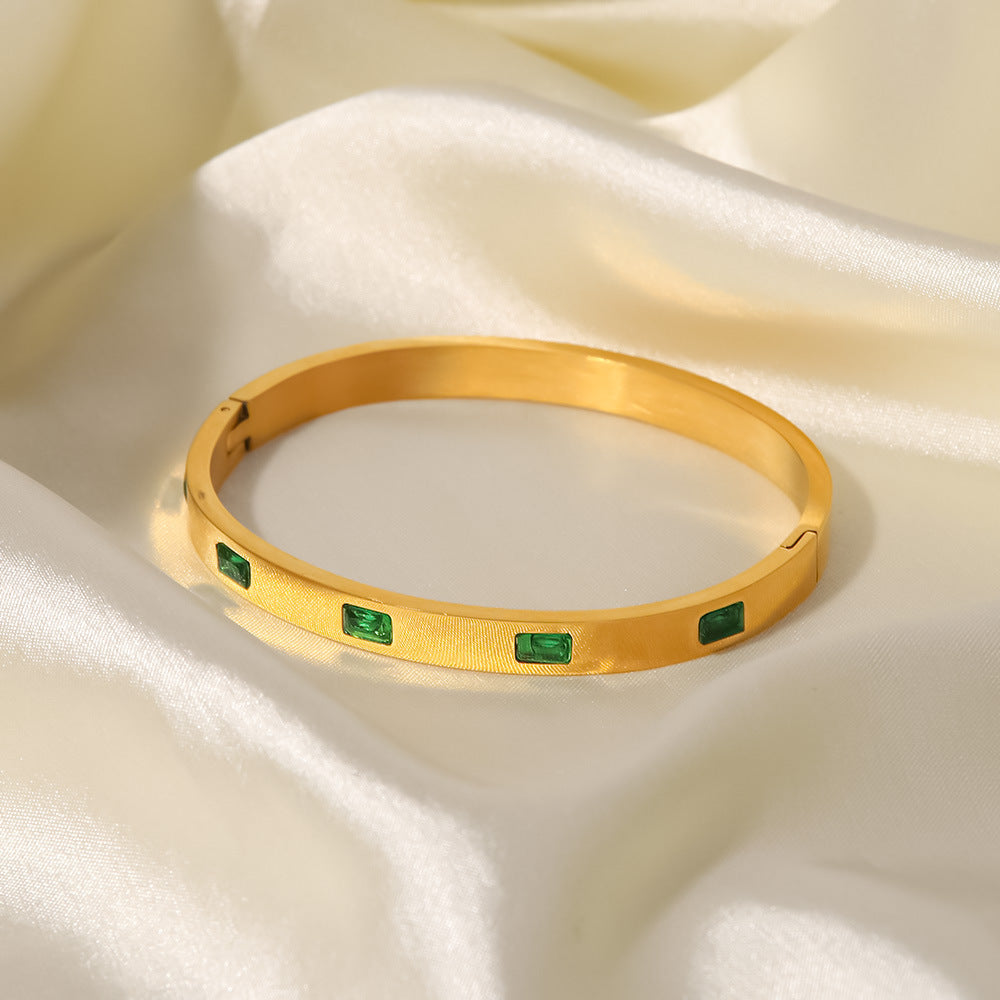 5pcs Titanium Steel Women's Bracelet 18K Gold Stainless Steel Vacuum Plating Inlaid Green Rectangular Zircon Bracelet