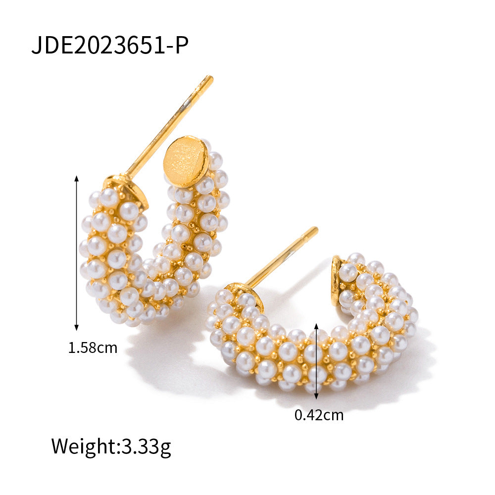 5pcs The New Fashion All-Earrings 18K Gold-Plated Stainless Steel With Pearl Studded Mini C-Shaped Earrings For Women