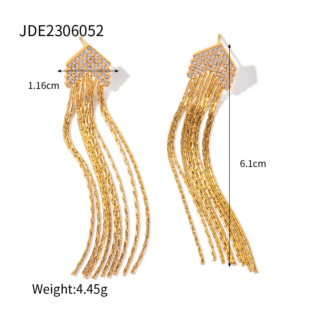 5pcs Simple 16K Gold Stainless Steel White Zirconium Long Strip Tassel Earrings Exaggerated Temperament Stud Design Feel Earrings Women