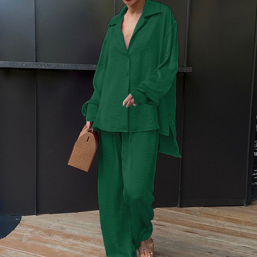 Green Crepe Suit Collar Slit Loose Fashion Suit New Fall Fashion Two-Piece Set