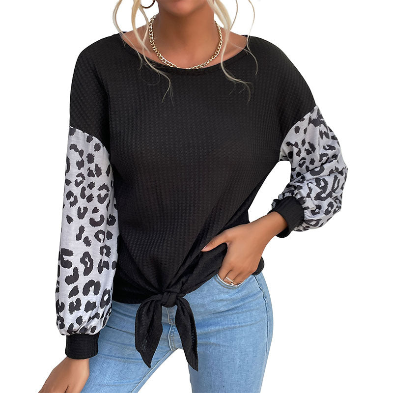 New Fashion Women's Crew-Neck Long Sleeve Stitching Leopard Print Black Sweater