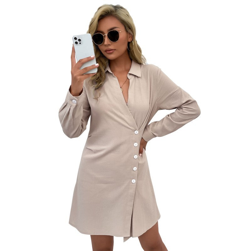 Fashion Women's Solid Color Lapel Long-Sleeved Shirt Design Sense Dress