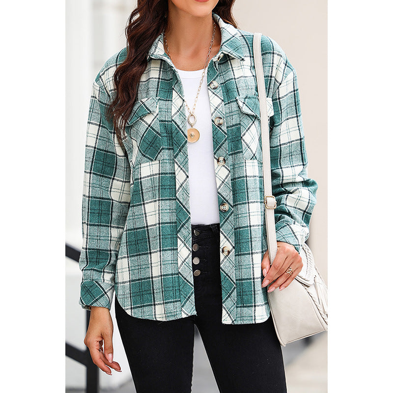 Autumn New Single-Row Multi-Button Long-Sleeved Blouse Women's Thin Casual Plaid Shirt