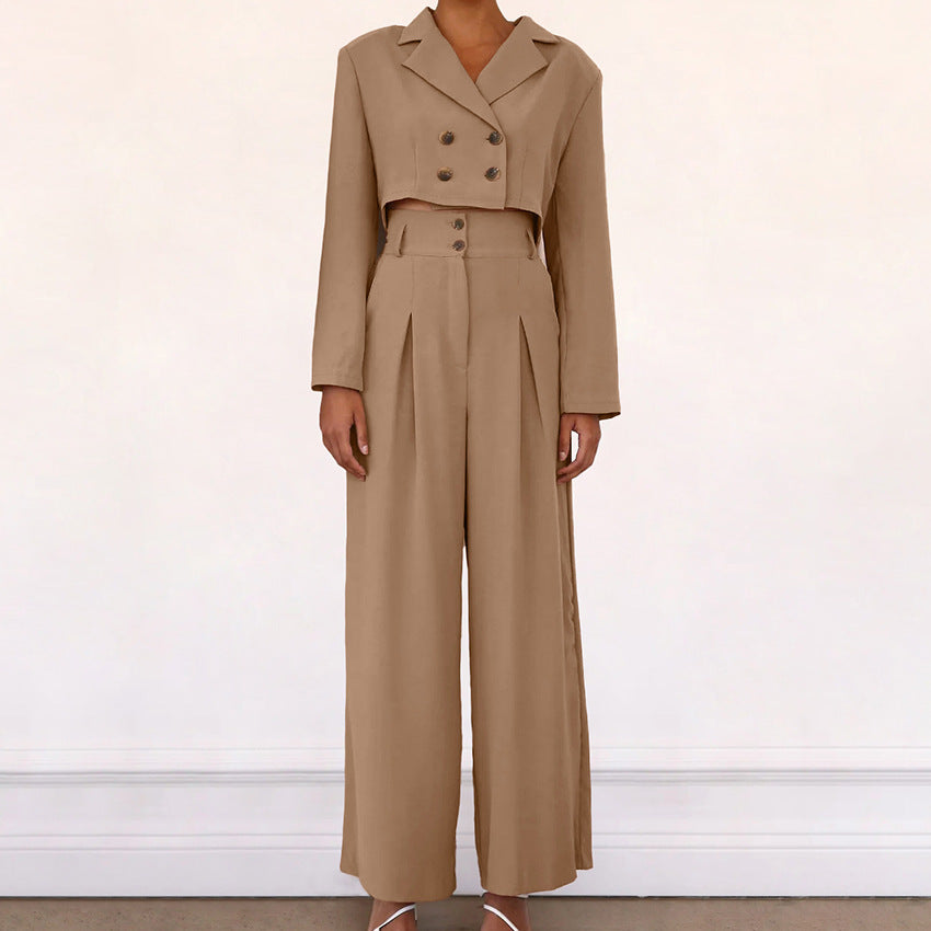 New Fall Fashion Khaki Suit Collar Temperament Short Top High Waist Pant Suit