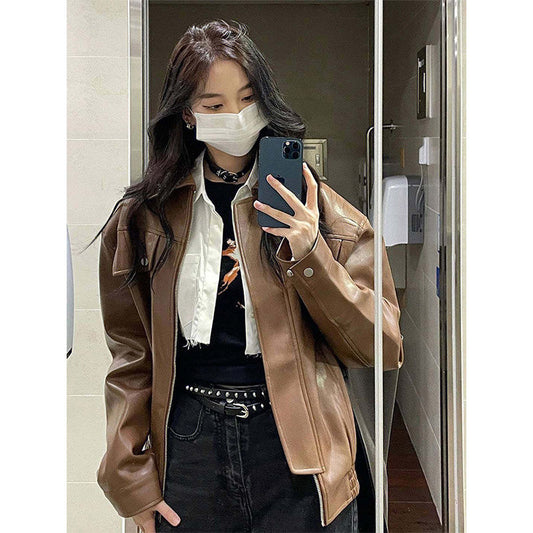 Brown Leather Coat Women Spring And Autumn New American Retro Senior Design Sense Of Niche Motorcycle Couple Jacket