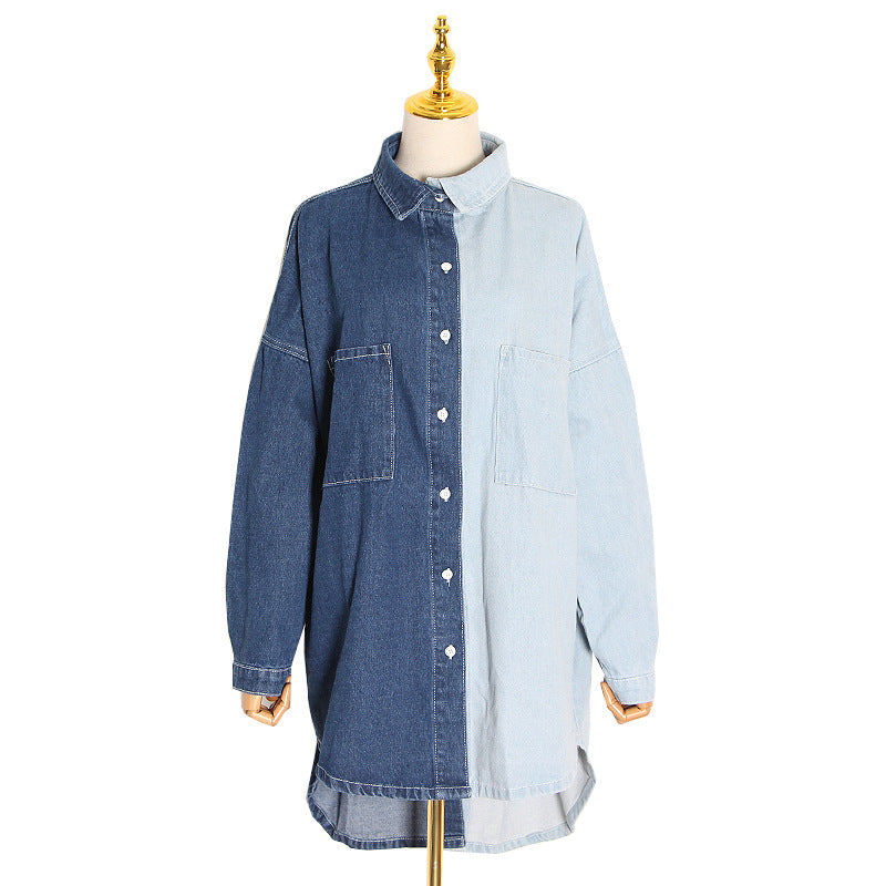 Spliced Denim Shirt Spring New Fashion Temperament Casual Lapel Single-Breasted Design Loose Plus Size Shirt