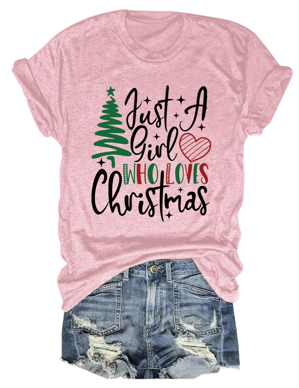 New Just A Girl Fun Christmas Tree Print Round Neck Short Sleeve Female Spot