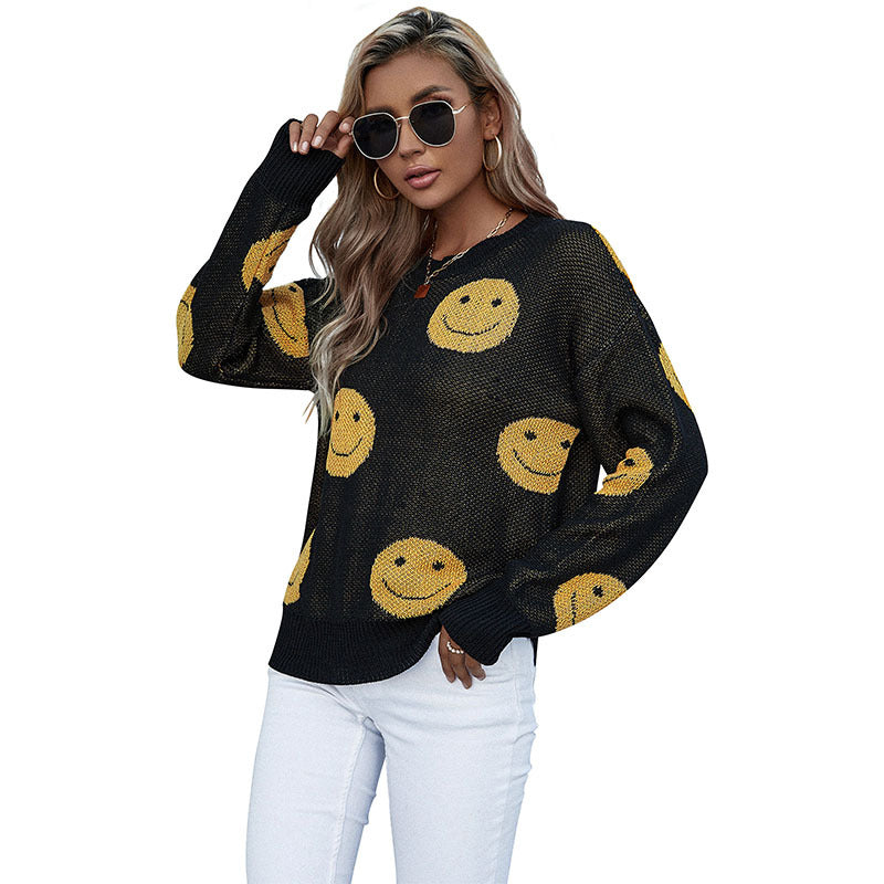 New Autumn And Winter Fashion Women's Casual Smiley Long-Sleeved Black Sweater