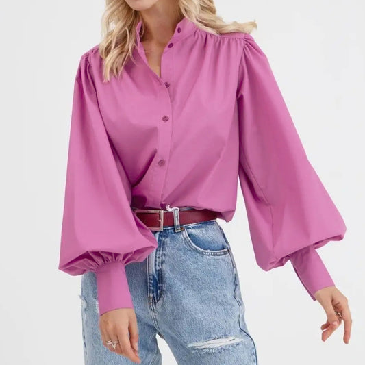 Spring Fashion Temperament Wildberries Solid Color Lapel Shirt Sleeves Casual Commuter Women's Wear