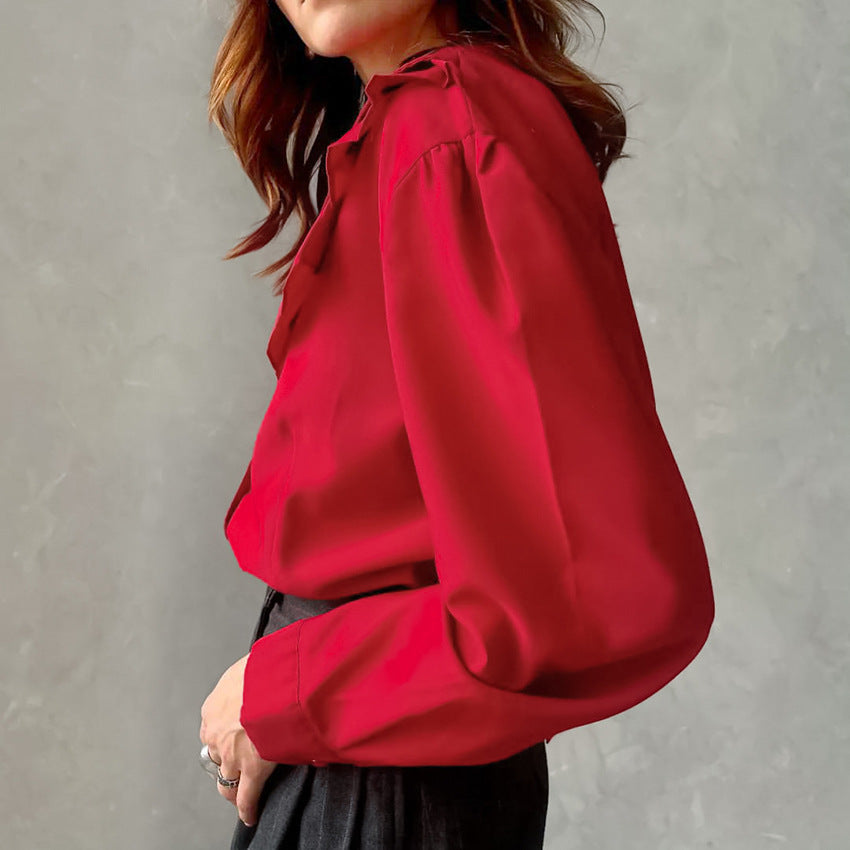 Vintage Fashion Classic Lapel Long Sleeve Cardigan Shirt Women's Casual Cotton Shirt Red