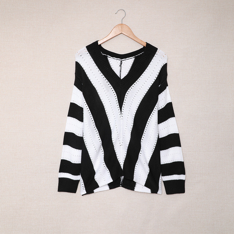 Casual V-Neck Loose Sweater Woman Autumn And Winter New Fashion Striped Color Pullover Sweater Woman