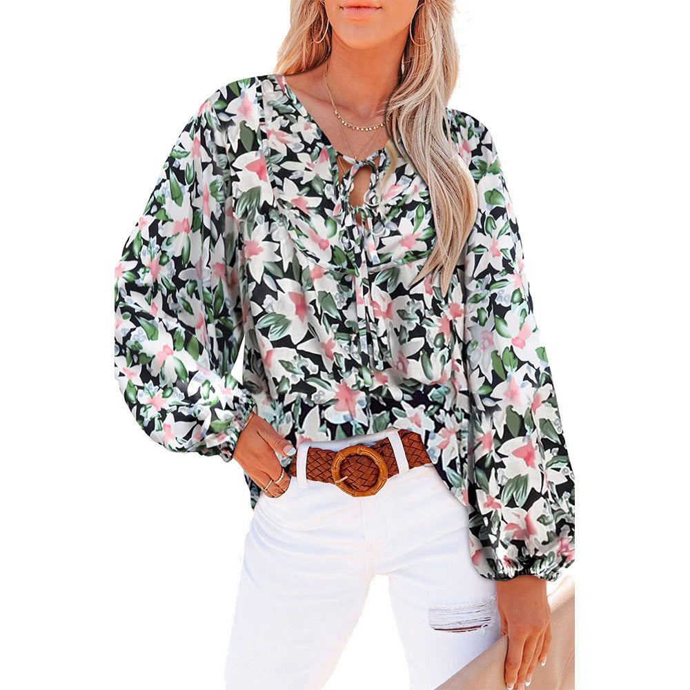 Spring And Autumn New Long-Sleeved Chiffon Shirt Women Loose Pullover Floral T-Shirt