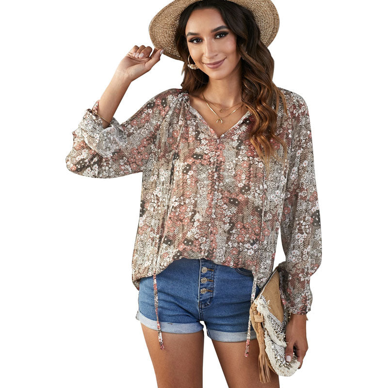 Summer New Long Sleeve Floral Chiffon Loose Casual V-Neck Pullover