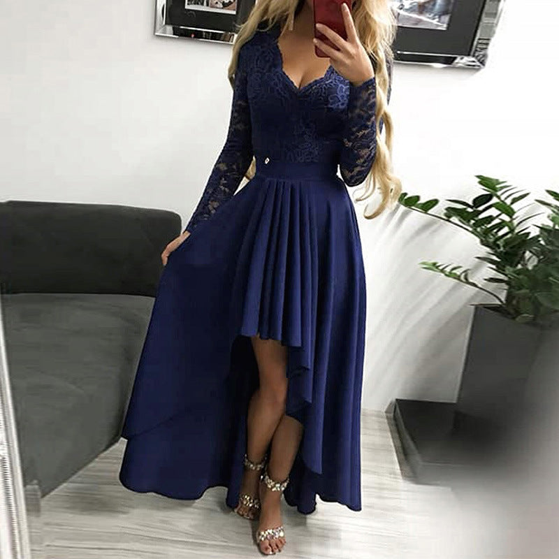 Women's Solid Color Lace Patchwork Set Fishtail Dress Female Wrap Chest V-Neck Dress Female