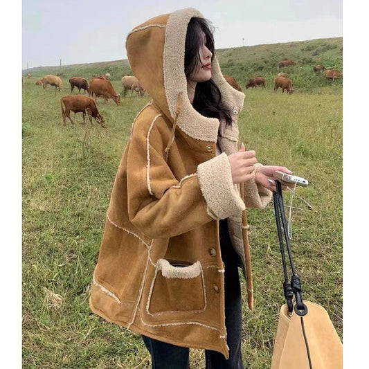 Deerskin Cashmere Lamb Coat Women's New Winter Cashmere And Thick Fur One Hooded Motorcycle Cotton Coat