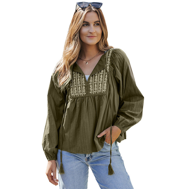 Autumn New Pullover V-Neck Long Sleeve Blouse Women Thin Loose Embroidered Chiffon Shirt Women