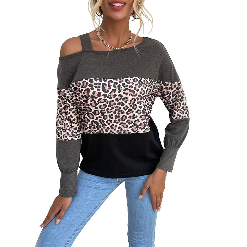 Autumn and Winter New Leopard Print Splicing Top:  Line Collar, Hollowed Out Shoulders, and Casual Elegance