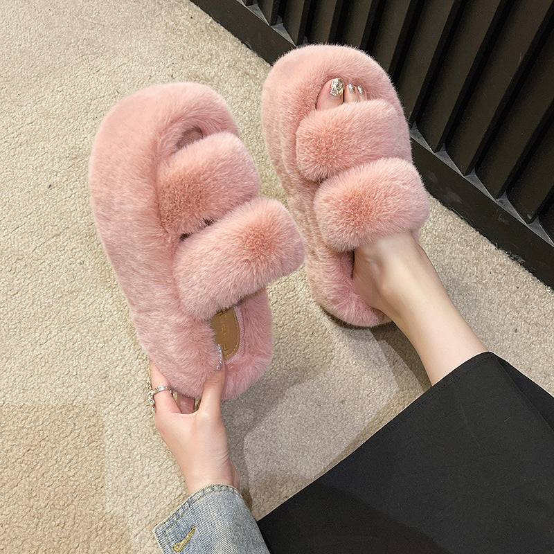 Large Size Fashion Soft 7Cm Outside Wearing Fluffy Slippers Female Flat Flip-Flops Autumn New Thickened Slippers