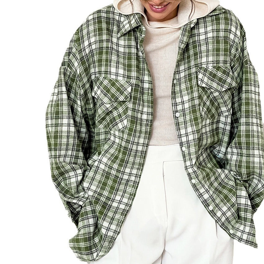 Green Plaid Terylene Cotton Lapel Retro Casual Loose Shirt New Autumn Fashion Cardigan