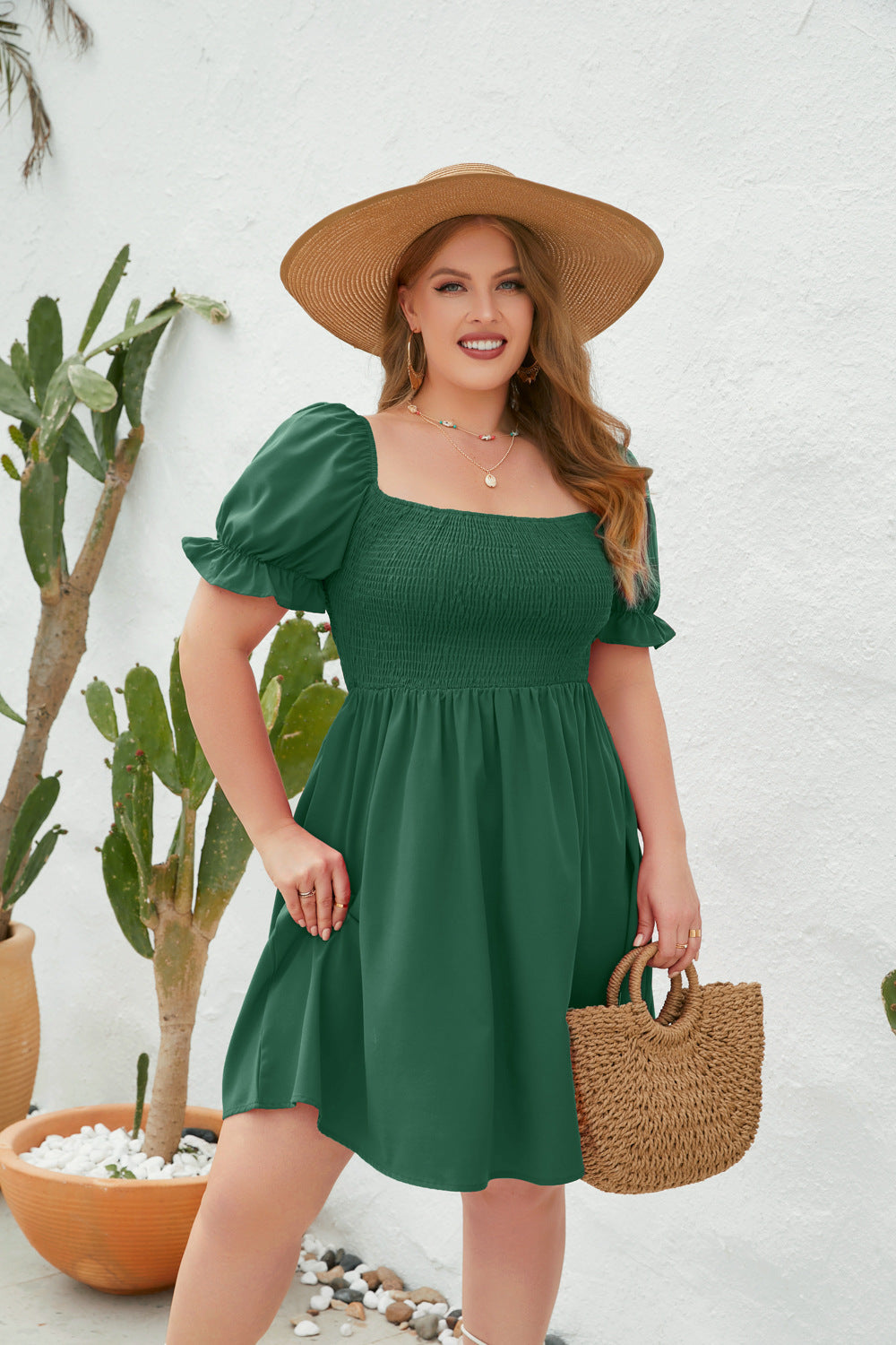 Women's Plus-Size Solid Color Leisure Vacation Dress Travel Square Collar Dress With Puffy Sleeves