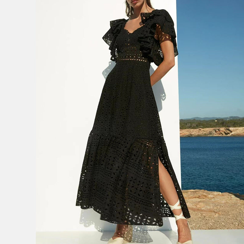 Solid Color Big Skirt Spring Crocheted Lace Square Collar Flying Sleeve Long Slit Dress