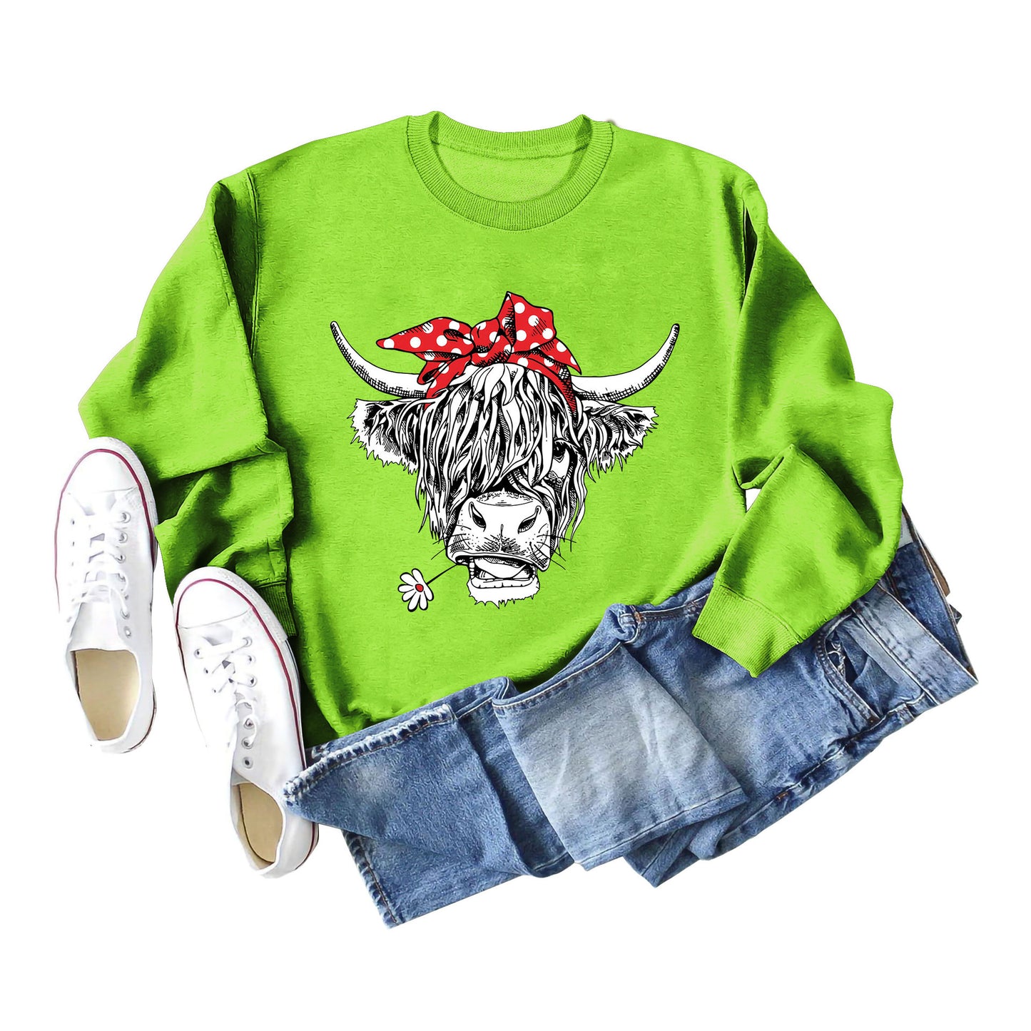 Casual Long Sleeve Crewneck Red Bow Cow Fun Print Loose Women's Hoodie