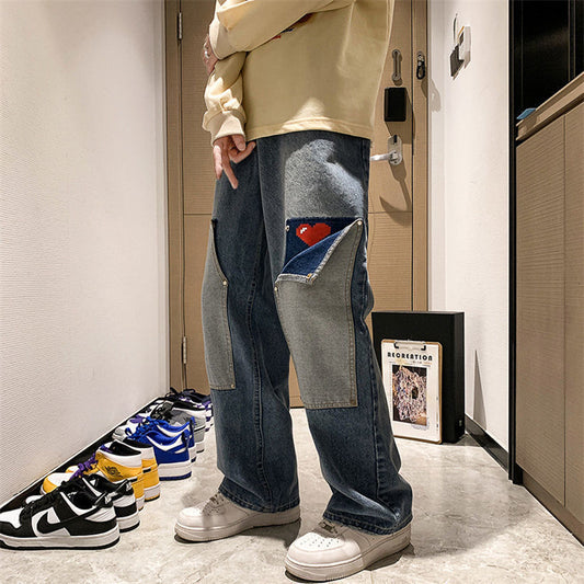 Summer Niche Patchwork Design Love Jeans Men Oversize Wide Leg Straight Leg Long Pants