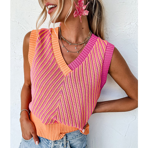 Summer New V-Neck Color Contrast Woolen Vest For Women Fashion Gradual Change Loose All Matching Sleeveless Pullover