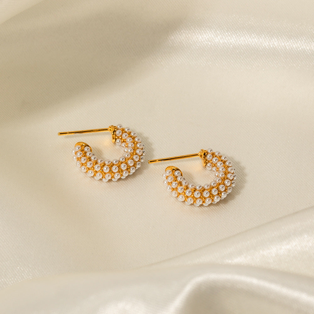 5pcs The New Fashion All-Earrings 18K Gold-Plated Stainless Steel With Pearl Studded Mini C-Shaped Earrings For Women