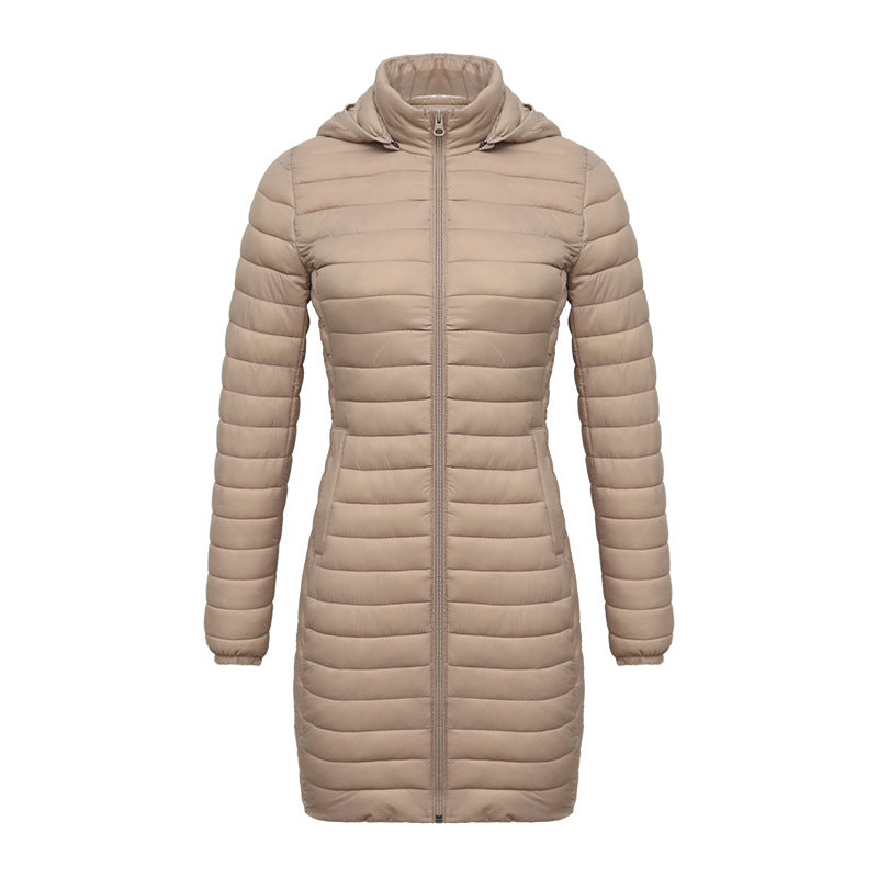 Women's Fall/Winter Lightweight Mid-Length Slim-Fit Cotton-Padded Jacket Removable Hooded Casual Commuter Coat