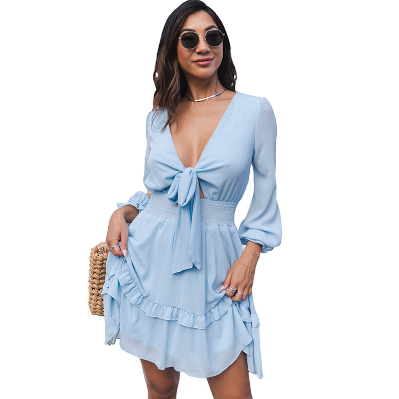 Spring And Autumn New Ruffled Dress Women Waist Drawstring Knee Skirt