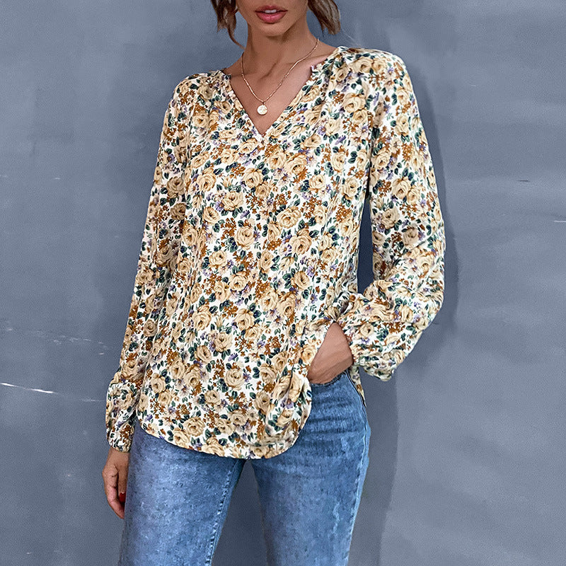 Early Autumn Holiday Fashion Women's Loose V-Neck Long-Sleeved Floral Shirt