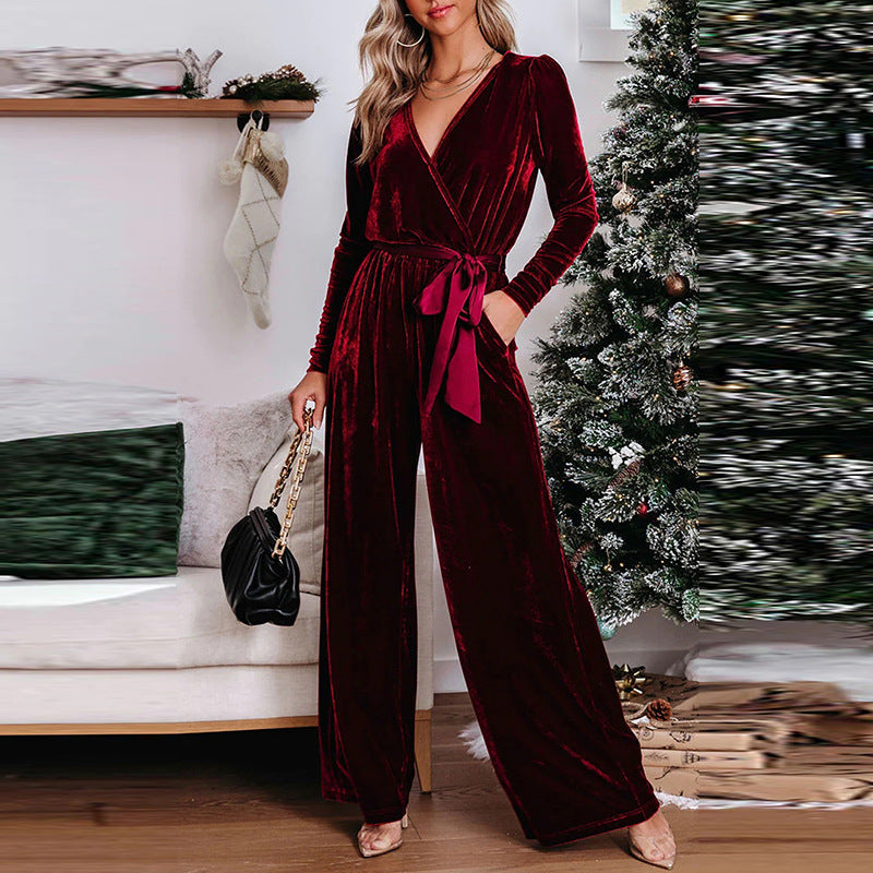 Fall New Solid Color Velvet Wide Leg Pants Ladies Commuter Style Lace-Up Jumpsuit Women