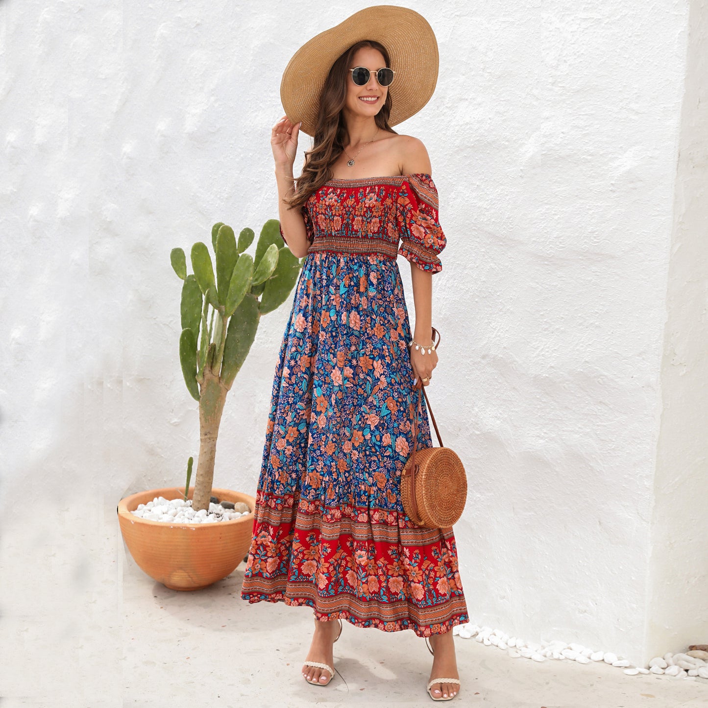 Bohemian Beach Holiday Dress One-Shoulder Puff Sleeve Long Dress