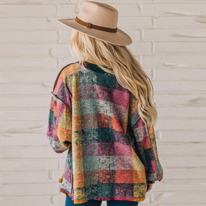 Autumn New Fleece Warm Coat Female Western Multi-Color Plaid Loose Jacket Female