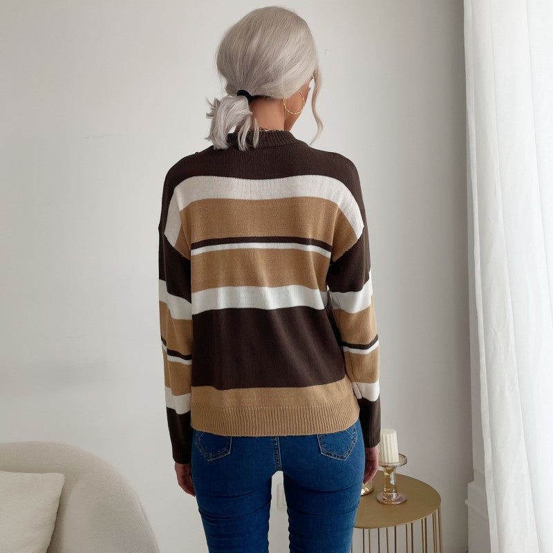 Women's Patchwork Color Contrast Long-Sleeved Half-Turtleneck Sweater