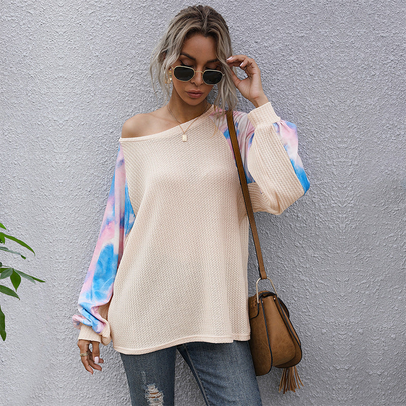 Loose Top Fashion Casual Crew-Neck Splicing Long-Sleeved Tie-Dyed White T-Shirt