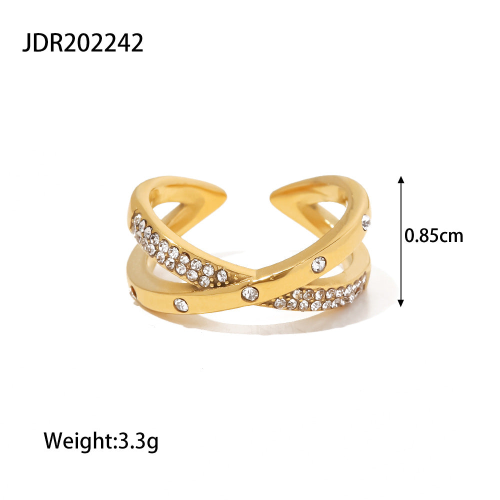 5pcs Niche Design Stainless Steel Plated 18-Karat Gold Ring Women's Cross Set White Diamond Open Ring