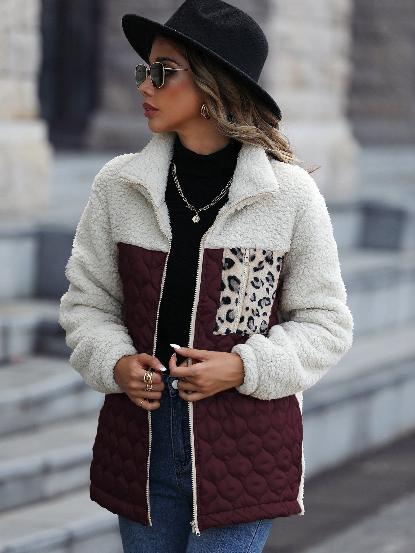 Glitter New Casual Plush Women's Long Sleeve Loose Round Neck Splicing Zipper Animal Print Double-Sided Velvet Coat