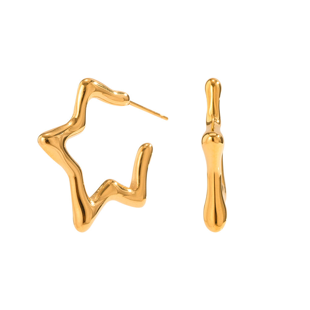 5pcs Simple Style 16K Gold Stainless Steel Star Earrings Solid Gold Straight-Button Hoop Earrings