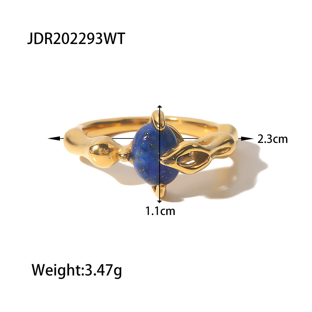 5pcs High-Grade Retro Stainless Steel Ring Inlaid With Blue Lapis Lazuli Ring Niche Design Light Luxury Style Women's Ring