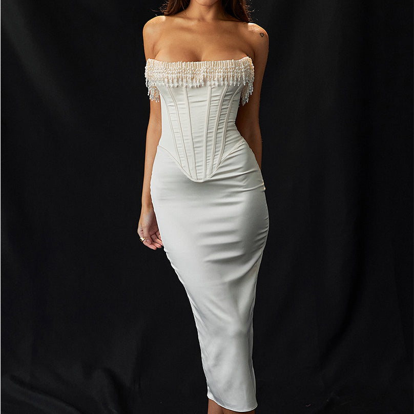 Women's Pearl Strapless White Dress Fishbone Slim Sexy Dress Elegant Slit Midi Skirt