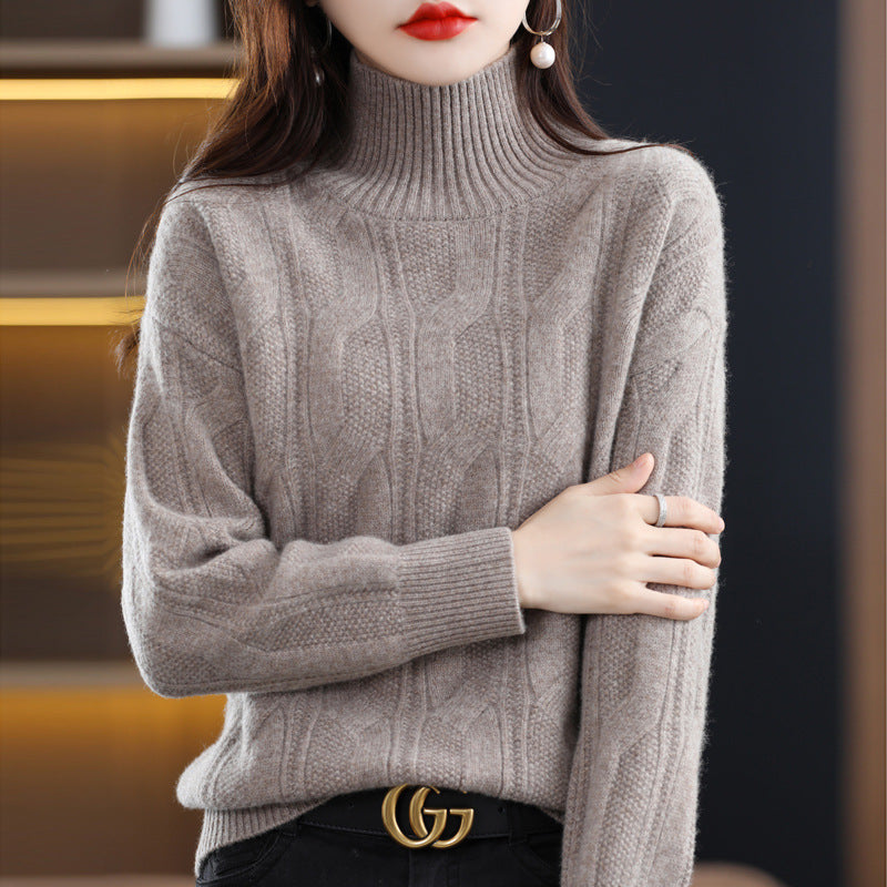 Autumn/Winter New 100 Woolen Sweater Women's Turtleneck 7 Needle-Hemp Jacquard Woolen Base Loose All-Match Sweater Top