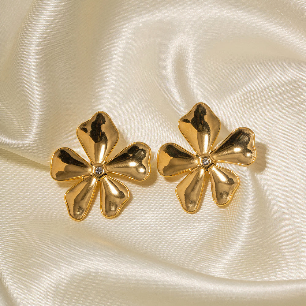 5pcs Palace Style Gold Lucky Five-Leaf Diamond Earrings Stainless Steel Studs Earrings