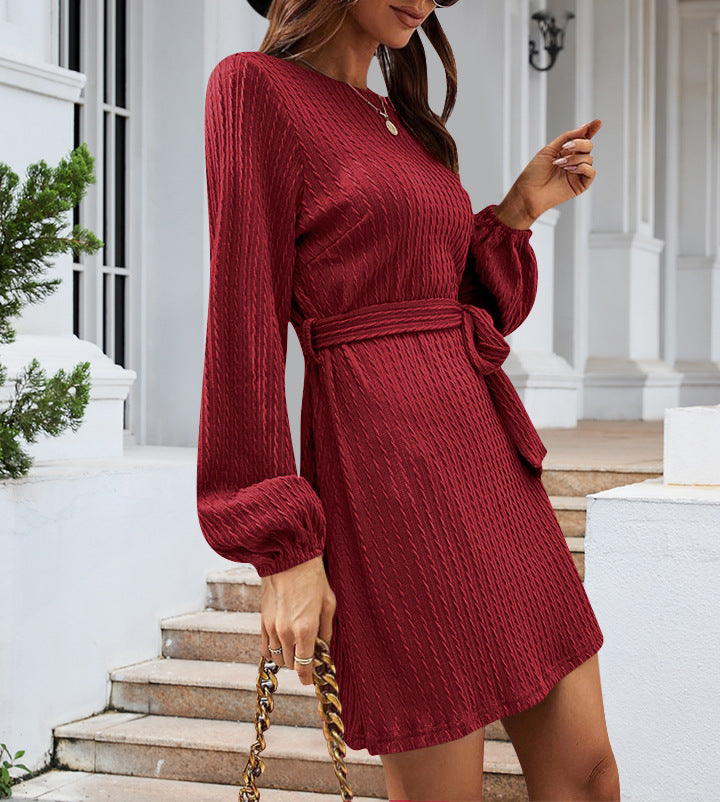 Autumn And Winter New Women's Belt Long Sleeve Twist Knitted Dress Bubble Sleeve Casual Skirt