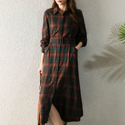 Fleece Plaid Lace-Up Waist Display Two Kinds Of Wear Coat Retro Dress