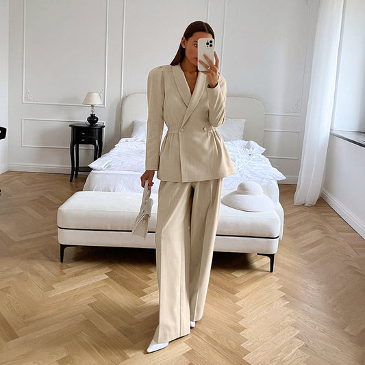 Stylish Retro Casual Suit Sexy Puffed Sleeve Suit Top High-Waisted Pants Two-Piece Commute