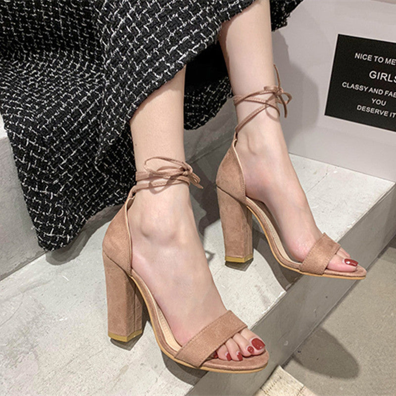 Summer New One Line Open Toe Sandals Women's Buckle Thick Heel High Heel Fish Mouth Sandals